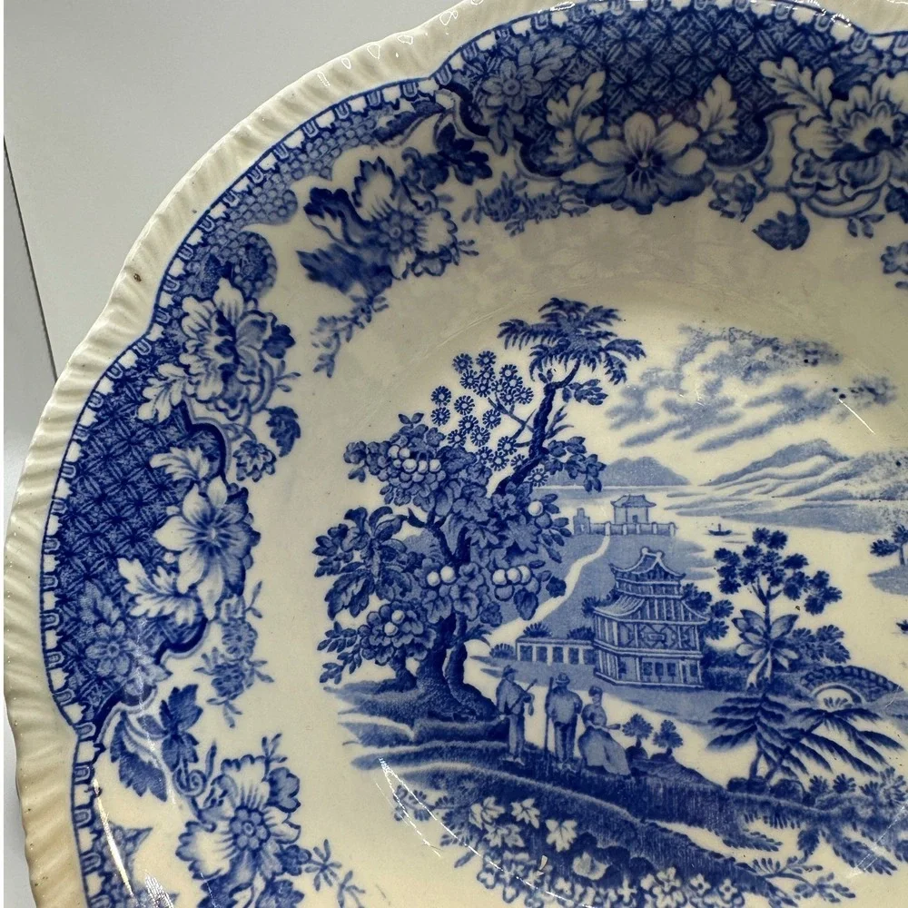 Woods Burslem Seaforth Blue White Transferware Bowl Scalloped England Vintage